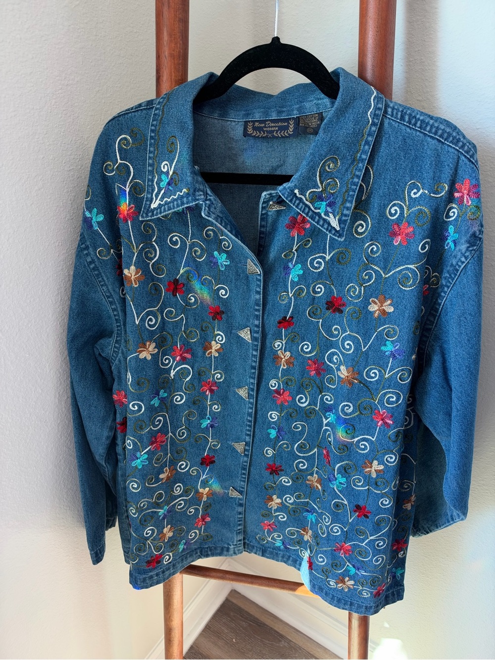 New Direction Woman Denim Jacket with Multicolor Floral Embroidery 3X